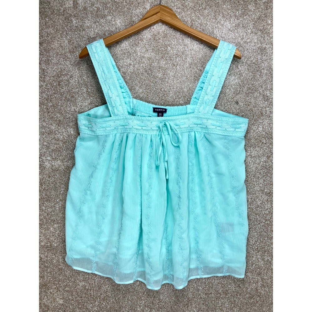 Torrid Embroidered Chiffon Crochet Lace Babydoll Tank Top Women M Aqua Blue Boho